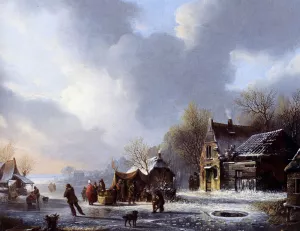Skaters On A Frozen River Near A 'Koek En Zopie' by Jacobus Van Der Stok Oil Painting