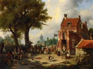 Festivities Outside the Inn by Jacques Francois Carabain Oil Painting