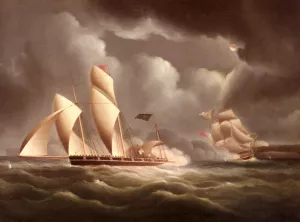 A British Frigate Attacking A Pirate Lugger At Night by James E Buttersworth Oil Painting