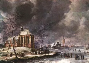 Village of Nieukoop in Winter with Child Funeral by Jan Abrahamsz. Beerstraten Oil Painting