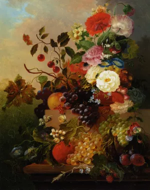 Poppies Peonies Roses and other Flowers with Grapes on a Marble Ledge by Jan Van Der Waarden Oil Painting