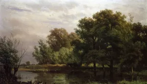 A Wooded River Landscape with Ducks on a Bank by Jan Willem Van Borselen Oil Painting