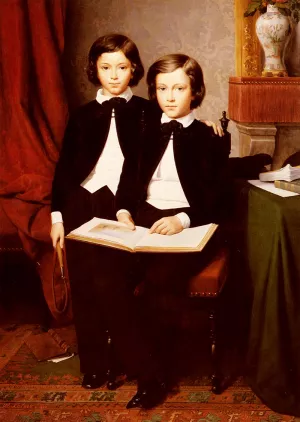 A Portrait Of Two Boys With A Sketchbook by Jean-Baptiste Auguste Leloir Oil Painting