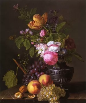 Still Life with Flowers, Peaches and Grapes by Jean-Baptiste Desprest Oil Painting