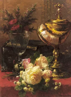 A Bouquet of Roses and other Flowers in a Glass Goblet with a Chinese Lacquer Box and a Nautilus Cup on a Red Velvet Draped Table by Jean Baptiste Robie Oil Painting