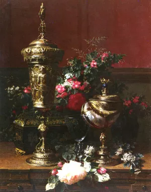 A Still Life With A German Cup, A Nautilus Cup, A Goblet An Cut Flowers On A Table by Jean Baptiste Robie Oil Painting