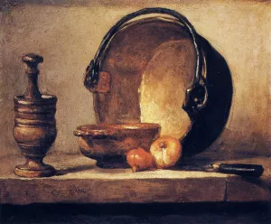 Still Life with Pestle, Bowl, Copper Cauldron, Onions and a Knife by Jean-Baptiste-Simeon Chardin Oil Painting