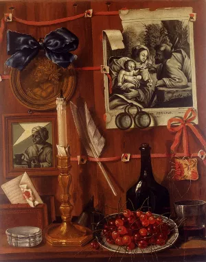 Trompe L'Oeil With A Basket Of Cherries On A Table And Engravings Tacked Up To A Wall by Jean Valette-Falgores Oil Painting