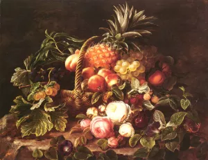 A Still Life of a Basket of Fruit and Roses by Johan Laurentz Jensen Oil Painting