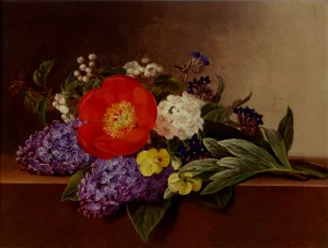 Lilacs, Violets, Pansies, Hawthorn Cuttings, And Peonies On A Marble Ledge by Johan Laurentz Jensen Oil Painting