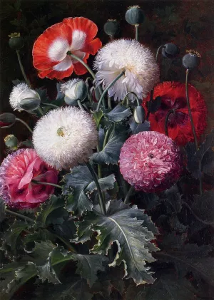 Still Life with Poppies and Other Flowers by Johan Laurentz Jensen Oil Painting