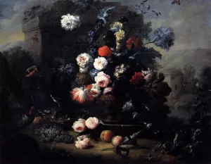 Still-Life with Flowers, Fruit and Birds in the Open by Johann Baptist Drechsler Oil Painting