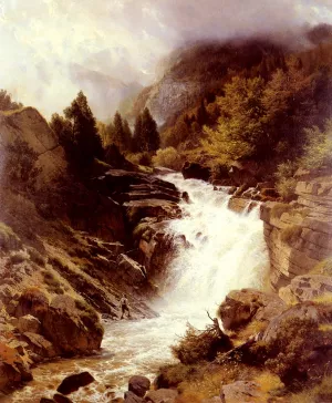 A Waterfall In The Bavarian Alps by Johann Gottfried Steffan Oil Painting