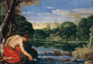 Wooded River Landscape with St John the Baptist by Johann Koenig Oil Painting
