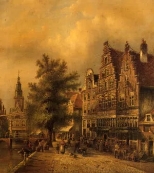 A Busy Dutch Street by Johannes Franciscus Spohler Oil Painting