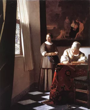 Lady Writing a Letter with Her Maid by Johannes Vermeer Oil Painting