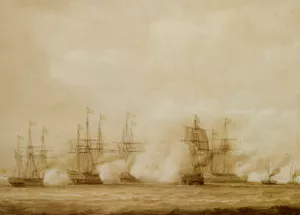A Naval Action Between the Austrian and the Danes off Heligoland by John Christian Schetky Oil Painting