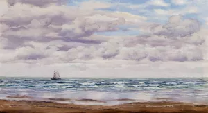 Gathering Clouds, A Fishing Boat Off The Coast by John Edward Brett Oil Painting