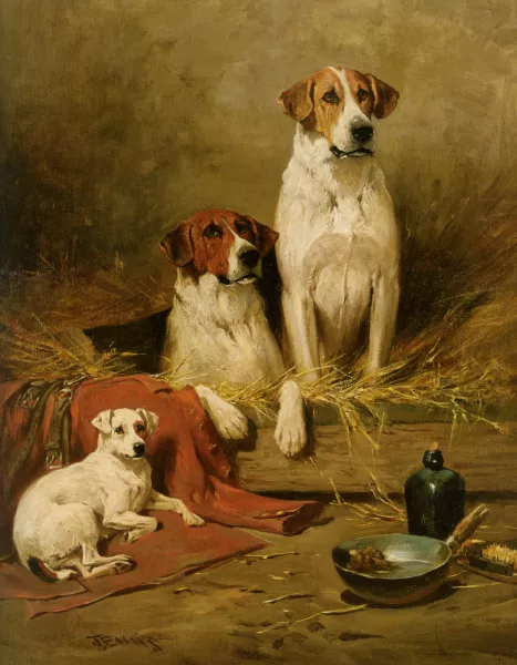 Foxhounds and a Terrier Oil painting by John Emms