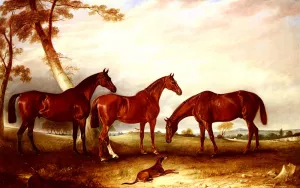 Marvel, KingFisher And The Lad, Three Hunters Belonging To William Angerstein, In A Field With His Dog Spring by John Ferneley Snr. Oil Painting