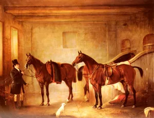 Sir John Thorold's Bay Hunters With Their Groom In A Stable by John Ferneley Snr. Oil Painting
