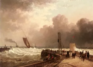 Shipping Approaching The Harbour Mouth In A Rough Sea by John Jock Wilson Oil Painting