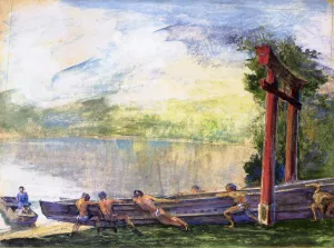 A Torii on Shore of Lake Chusenji, Japan. Fishermen Pushing Out Their Boat by John La Farge Oil Painting