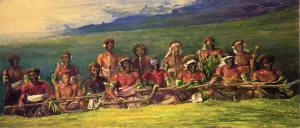 Chiefs in War Dress Seated After a Dance, Islands of Fiji also known as Chiefs and Performers in War Dance, Fiji by John La Farge Oil Painting