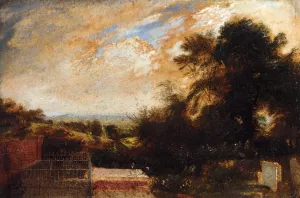 A Country Graveyard, Possibly Bunhill Fields, Finsbury, A Wooded Landscape Beyond by John Martin Oil Painting