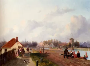 Elegant Company Leaving A Ferry On The Trekvliet, Voorburg by Joseph Bles Oil Painting