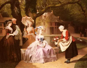 Marie Antoinette and Louis XVI in the Garden of the Tuileries with Madame Lambale by Joseph Caraud Oil Painting