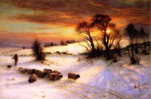 Herding Sheep in a Winter Landscape at Sunset by Joseph Farquharson Oil Painting