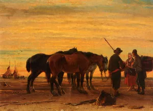 Fishermen With Their Horses On The Beach by Joseph Jodocus Moerenhout Oil Painting