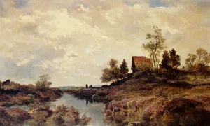 A Cottage Nestled In A River Landscape by Joseph Wenglein Oil Painting
