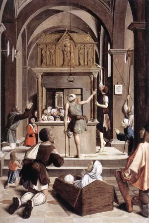 Pilgrims at the Tomb of St Sebastian by Josse Lieferinxe Oil Painting