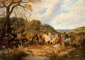 Queen Elizabeth and Her Royal Entourage Riding to the Hunt by Jr Wolstenholme Oil Painting