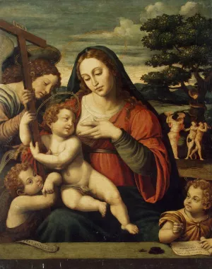 Virgin and the Child with Sts John the Baptist and John the Evangelist by Juan De Juanes Oil Painting