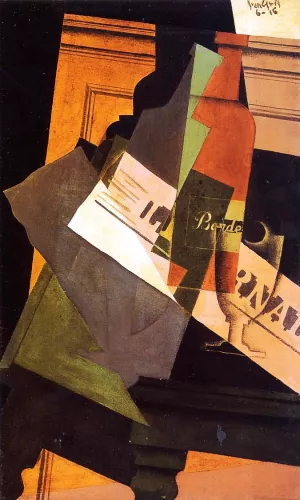 Bottle, Glass and Newspaper II Oil painting by Juan Gris