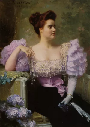Jeune femme en tenue de soiree assise pres dun bouquet dhortensias by Jules Louis Machard Oil Painting