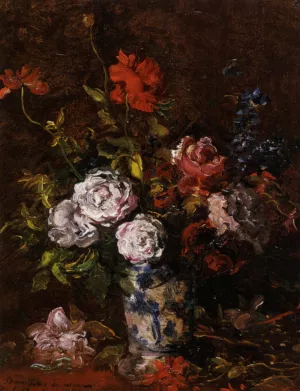 Floral Still Life in a Blue and White Porcelain Vase by Karl Pierre Daubigny Oil Painting