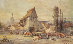 The Cattle Market in Dachau by Karl Stuhlmuller Oil Painting