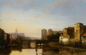 A View of a Riverside Town by Kasparus Karsen Oil Painting
