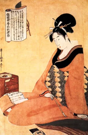 A Beauty Reading a Letter by Kitagawa Utamaro Oil Painting