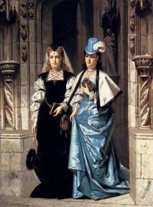 Two Elegant Ladies Leaving a Church by Ladislaus Bakalowicz Oil Painting