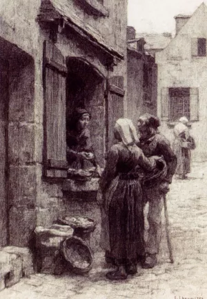 Breton Peasants Buying Fruit at Landerneau by Leon-Augustin L'Hermitte Oil Painting