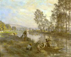 Figures by a Country Stream by Leon-Augustin L'Hermitte Oil Painting