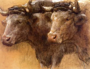 Heads of Two Oxen, Study for 'La Famille' by Leon-Augustin L'Hermitte Oil Painting