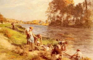 Lavandieres Au Bord De La Marne by Leon-Augustin L'Hermitte Oil Painting