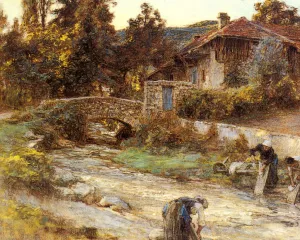 Washerwomen at a Stream with Buildings Beyond by Leon-Augustin L'Hermitte Oil Painting