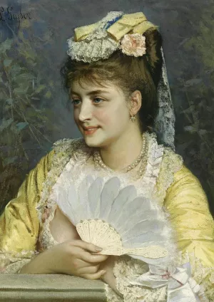An Elegant Lady Holding a Fan by Leonardo Gasser Oil Painting